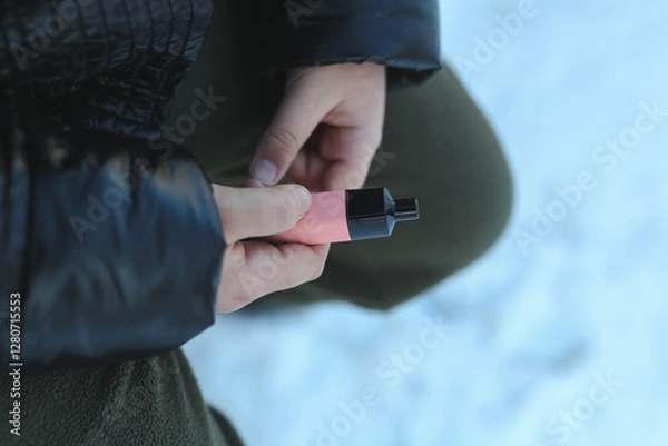 Fototapeta an eleven year old child tries a nicotine-free disposable cigarette on a city street