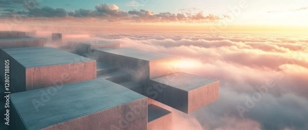 Fototapeta Stairs leading to the sky at sunset above the clouds in a surreal landscape