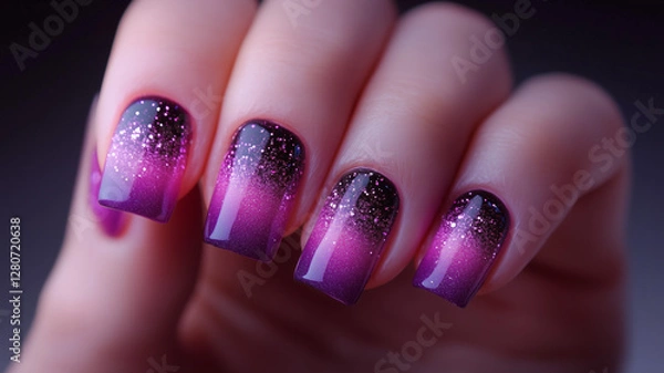 Fototapeta Beautiful hand with purple and pink gradient nail art, geometric design, diamond-shaped decorations on the nails. Ai generated