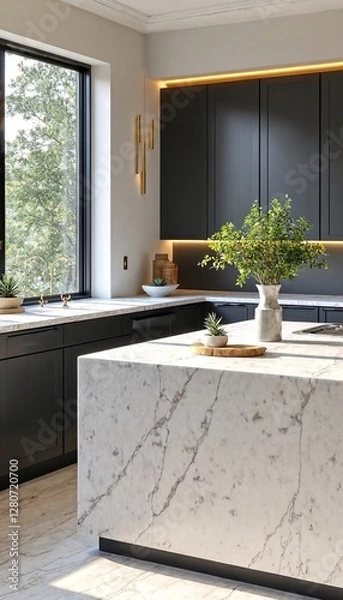 Fototapeta kitchen with dark cabinets and marble countertops.