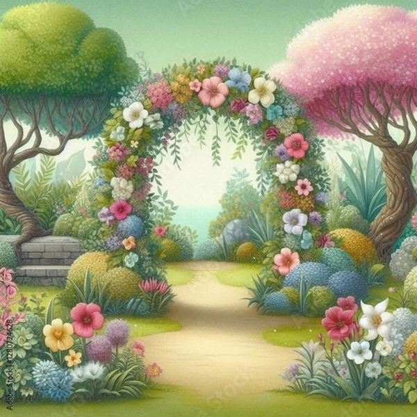 Fototapeta A whimsical path leads through a magical garden with a floral archway, lush greenery, and colorful flowers.
