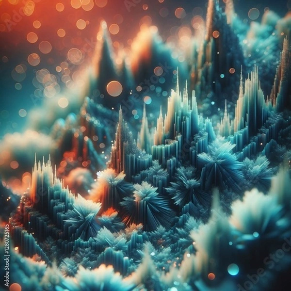 Fototapeta Abstract digital art depicting a fantastical landscape of crystalline structures, illuminated with soft orange.