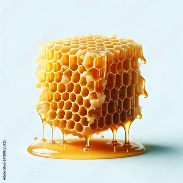 Fototapeta A honeycomb with honey dripping down, set against a light blue background.