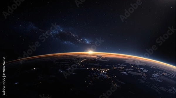 Fototapeta Dramatic view of the sun rising over the Earth's atmosphere, illuminating the edge of the planet from space