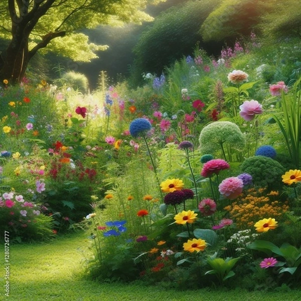Fototapeta Lush garden with a variety of colorful flowers and plants in full bloom.