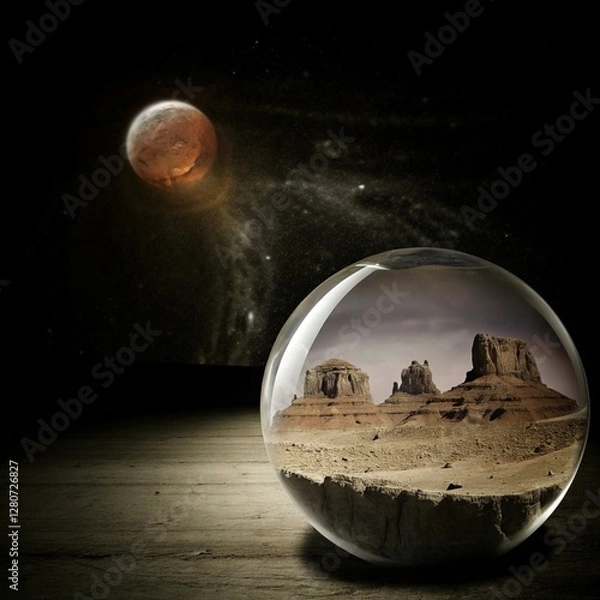 Fototapeta A glass sphere contains a miniature desert landscape, with a planet visible in the background.