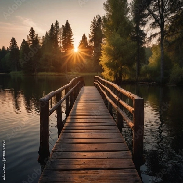 Fototapeta A wooden footbridge extends over a calm lake at sunset, surrounded by trees.