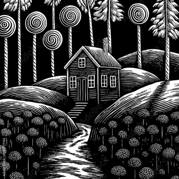 Fototapeta Black and white illustration of a small house nestled in a whimsical landscape with spiral-shaped trees.