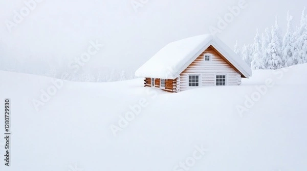 Fototapeta Snowy log cabin nestled in a winter wonderland.  Possible use Stock photo for winter vacations