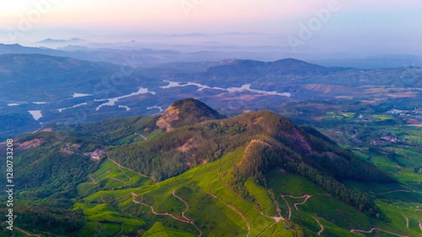 Fototapeta Breathtaking Drone Perspective of Munnar’s Verdant Hills with tea garden