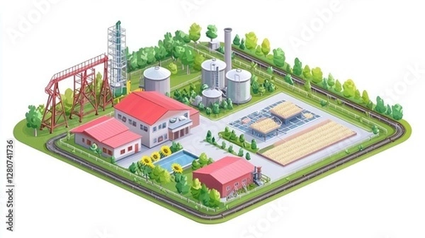 Fototapeta A vibrant illustration of an industrial facility featuring tanks, buildings, and a surrounding landscape with trees and open areas.