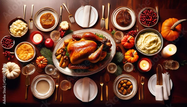 Fototapeta A festive Thanksgiving dinner table with a beautifully roasted turkey at the center, surrounded by mashed potatoes, stuffing, cranberry sauce, and warm dinner rolls