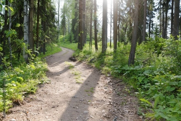 Fototapeta Serene Pathway Through Lush Green Forest Surrounded by Tall Trees and Soft Sunlight in Nature in Summer