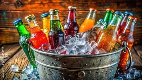 Fototapeta Colorful Soda Bottles in Metal Ice Bucket - Refreshing Summer Drinks Stock Photo
