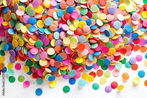 Fototapeta Festive Confetti Circles Cascade on White Background - Cheerful Celebration Stock Photo