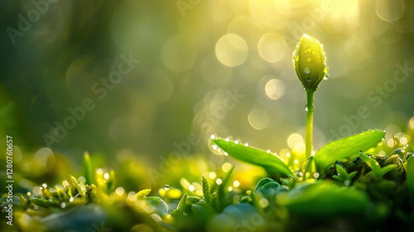 Fototapeta New plant sprout emerges from the earth surrounded by dew in a sunlit forest during early morning hours.