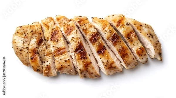 Fototapeta Plain grilled chicken breast slices with black pepper spice, top down view, white background