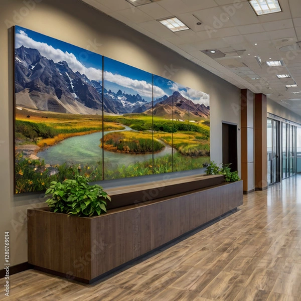 Fototapeta Custom panoramas.
Wall panels display dynamic landscapes, tailored to individual preferences and changing throughout the day.