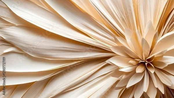 Obraz A close-up view of intricate, layered paper resembling flower petals in soft beige tones. Concept Paper Art Details, Floral Inspiration, Soft Beige Palette, Textured Layers, Craftsmanship in Design
