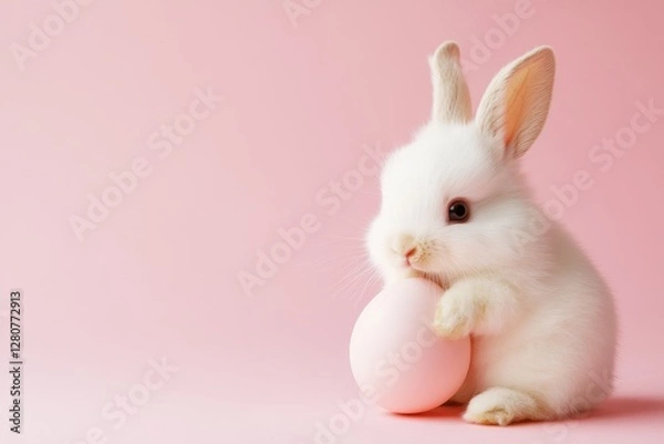 Fototapeta Easter bunny rabbit playing with pink painted egg on pink background. Easter concept, April holiday wallpaper. Copy space.