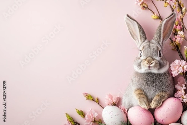 Fototapeta Easter bunny rabbit playing with pink painted egg on pink background. Easter concept, April holiday wallpaper. Copy space.