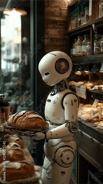 Obraz A female robot is making bread in the kitchen. bekery shop