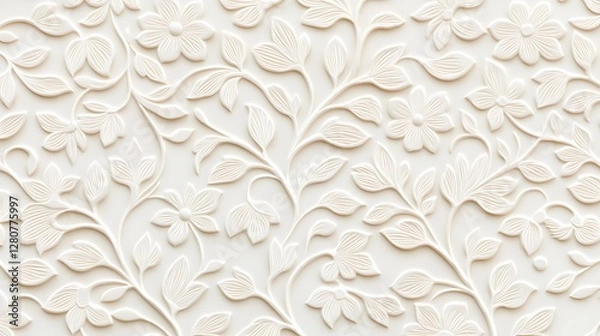 Fototapeta A subtle, textured wallpaper featuring intricate floral and vine designs in soft, creamy tones.