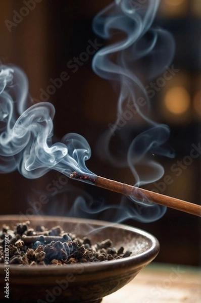 Obraz Close-up of a burning incense stick with delicate smoke swirling in the air, creating a calming and meditative atmosphere in a dark and moody bac