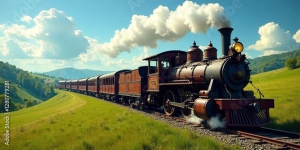 Obraz Retro steam locomotive train journey across scenic rolling hills under a vibrant summer sky