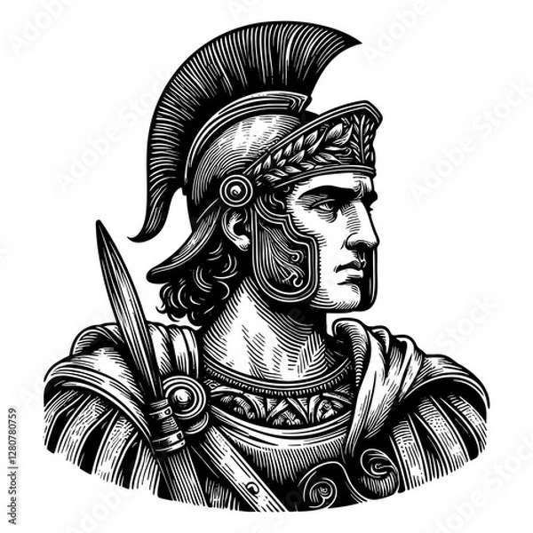 Fototapeta  ancient Roman warrior in armor, holding a spear and decorated shield, symbolizing strength and valor engraving generative ai sketch PNG illustration