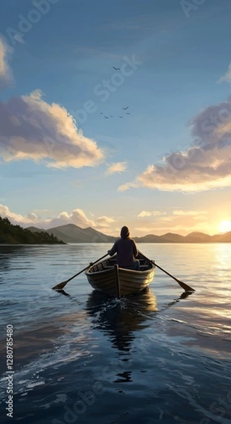 Fototapeta A lone rower glides across calm waters towards the sunset, surrounded by distant mountains and a peaceful, cloud-strewn sky, finding solace in nature.
