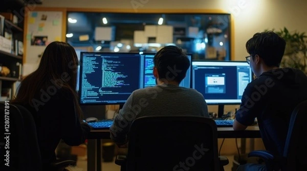 Fototapeta Collaborative Team Analyzing Source Codes on Laptop and Monitor in Modern Development Workspace