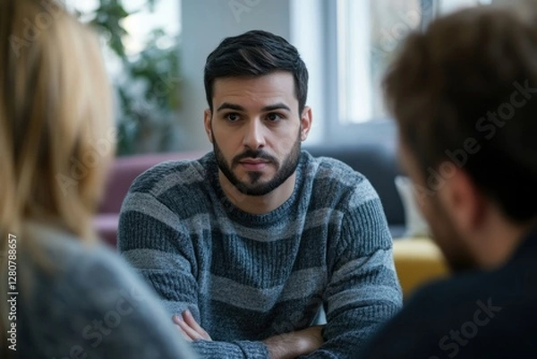 Fototapeta Young Man Engaged in Intervention Therapy Meeting with Family and Psychologist Focusing on Addiction Recovery