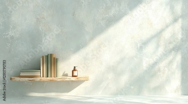 Fototapeta Minimalist Shelf  Books  Bottle  Neutral Tones  Rustic Wood  Sunlit Wall