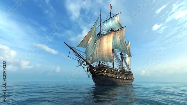 Fototapeta Sailing ship on calm ocean under a partly cloudy sky.  Possible use Stock photo for travel, history, or nautical themes