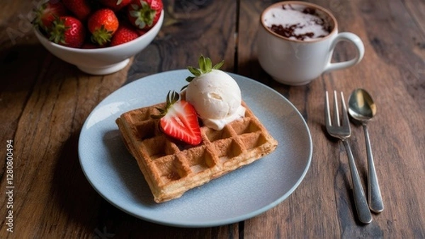 Fototapeta Delicious croffle topped with ice cream and fresh strawberry on a light blue plate beside a bowl of strawberries and hot chocolate on a wooden table.