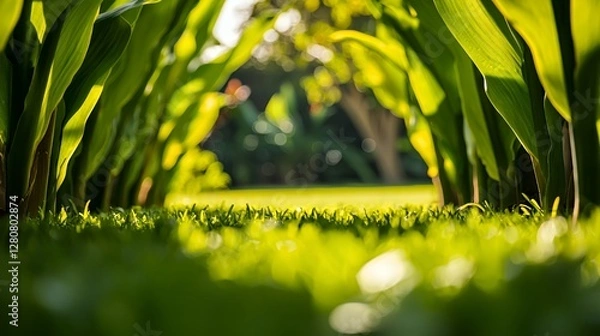 Fototapeta Lush Green Leaves Archway Over Bright Grassy Lawn