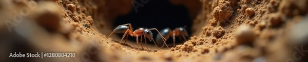 Obraz Earthy tones dominate this macro shot of an underground ant nest, underground, ants colony, dirt