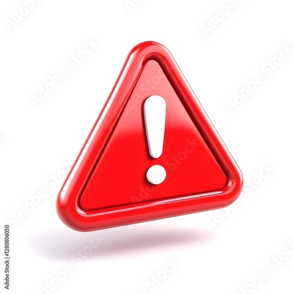 Obraz 3d red triangular warning sign with a white exclamation mark, button, isolated on white.