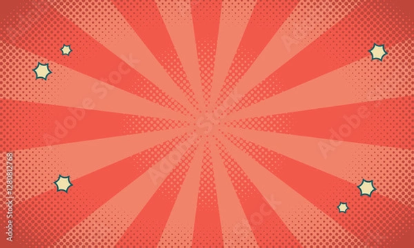 Fototapeta Comic or cartoon background in retro pop art style vector illustration with halftone dots, stars and rays of light.