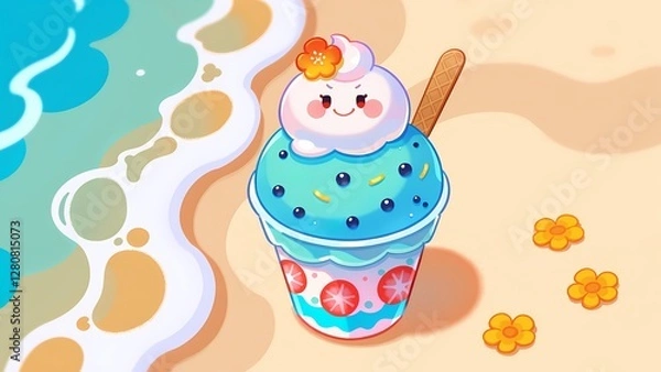 Fototapeta Cute Ice-Cream character on beach background