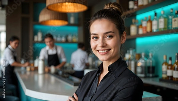 Fototapeta A hotel lounge and restaurant where hospitality meets elegance. A polished waitress with a friendly smile stands in the foreground, radiating confidence and professionalism.