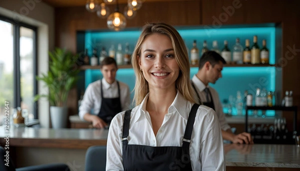 Fototapeta A hotel lounge and restaurant where hospitality meets elegance. A polished waitress with a friendly smile stands in the foreground, radiating confidence and professionalism.