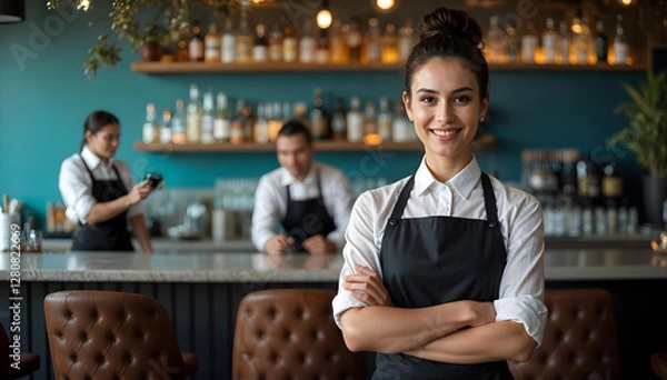 Fototapeta A hotel lounge and restaurant where hospitality meets elegance. A polished waitress with a friendly smile stands in the foreground, radiating confidence and professionalism.