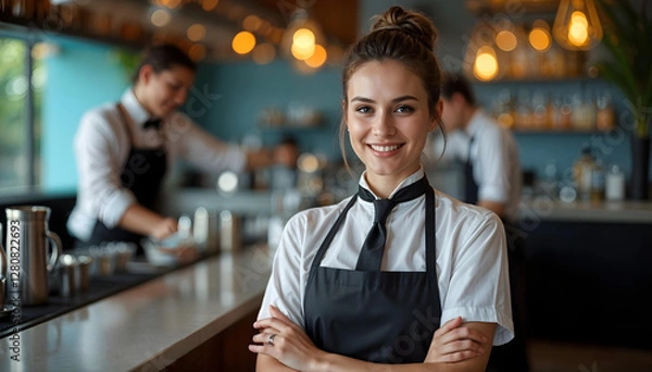 Fototapeta A hotel lounge and restaurant where hospitality meets elegance. A polished waitress with a friendly smile stands in the foreground, radiating confidence and professionalism.