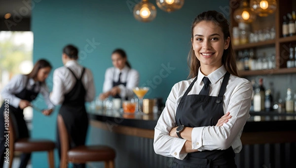 Fototapeta A hotel lounge and restaurant where hospitality meets elegance. A polished waitress with a friendly smile stands in the foreground, radiating confidence and professionalism.