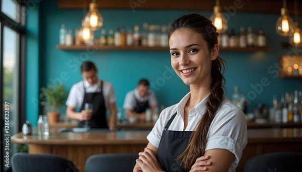 Fototapeta A hotel lounge and restaurant where hospitality meets elegance. A polished waitress with a friendly smile stands in the foreground, radiating confidence and professionalism.