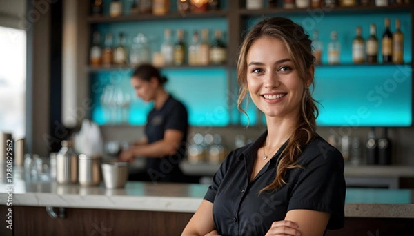 Fototapeta A hotel lounge and restaurant where hospitality meets elegance. A polished waitress with a friendly smile stands in the foreground, radiating confidence and professionalism.