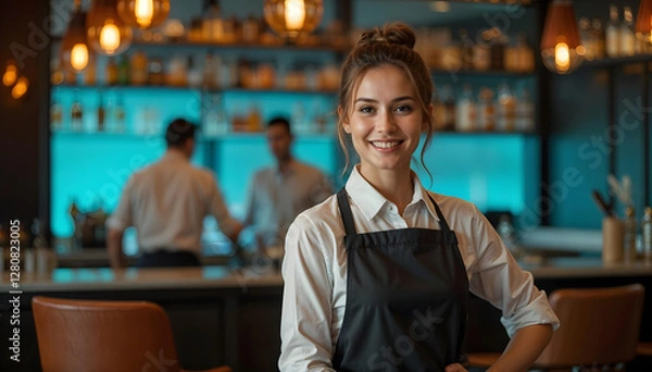 Fototapeta A hotel lounge and restaurant where hospitality meets elegance. A polished waitress with a friendly smile stands in the foreground, radiating confidence and professionalism.