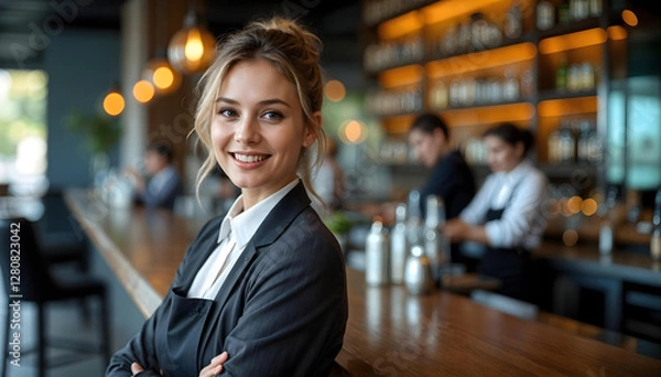 Fototapeta A hotel lounge and restaurant where hospitality meets elegance. A polished waitress with a friendly smile stands in the foreground, radiating confidence and professionalism.